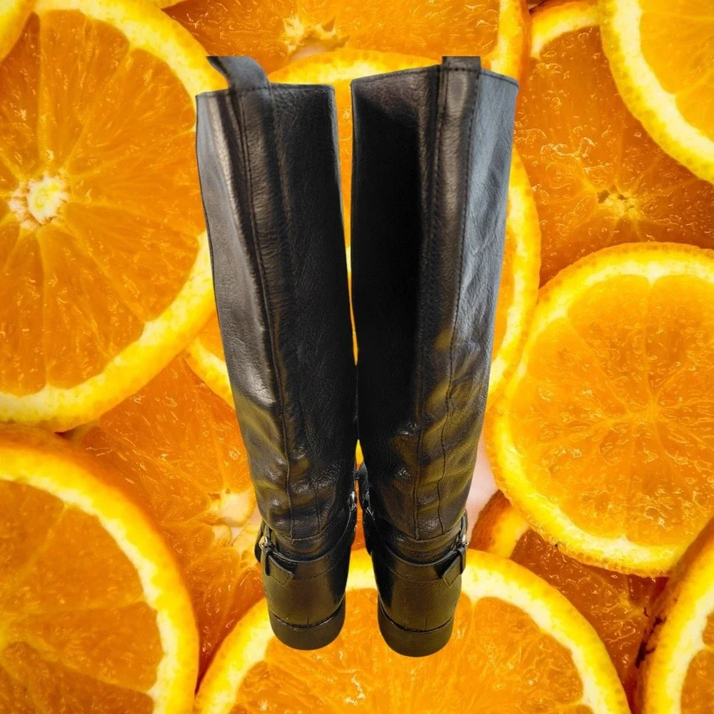 Coach Black Pebbled Leather‎ Tall Riding Harness Boots Silver Buckle Women Mens